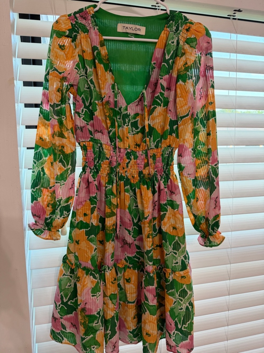 Taylor Floral V-Neck Tiered Dress in Green, Yellow & Pink